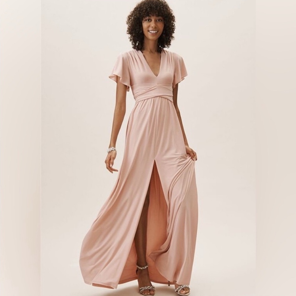 BHLDN Blush Pink Mendoza Maxi Dress Front Slit Tie Waist A Line Style Size 8